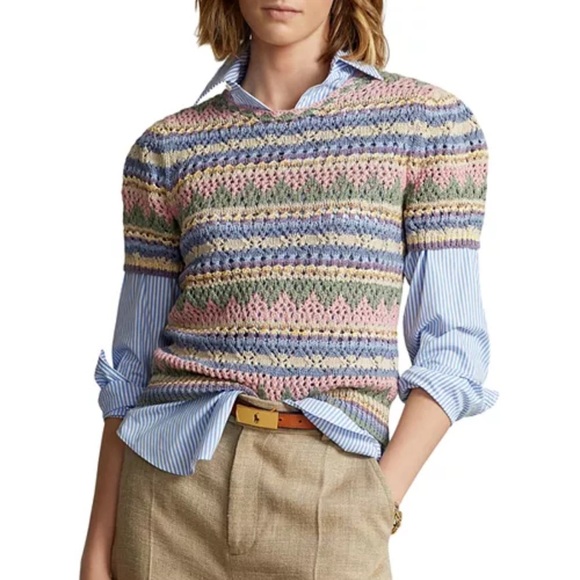 Polo Ralph Lauren Pointelle Striped Puff Sleeve Crochet Spring Sweater - Picture 2 of 8